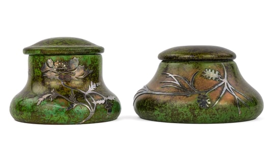 Heintz Art Metal Shop Sterling on Bronze Inkwells