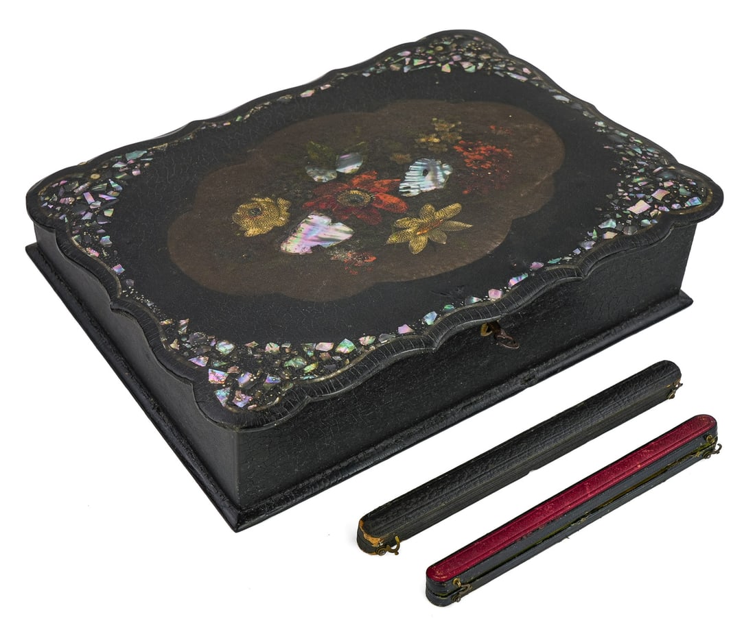 English Black Lacquer Lap Desk, Gold Pens (1 of 7)