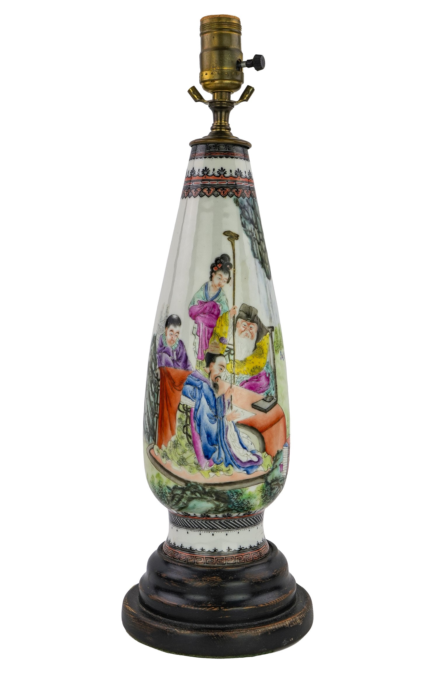 Chinese Republic Era Porcelain Vase: Early 20th c Chinese Republic era vase/ lamp with Famille rose enamels, vase ht 13", overall ht 27"