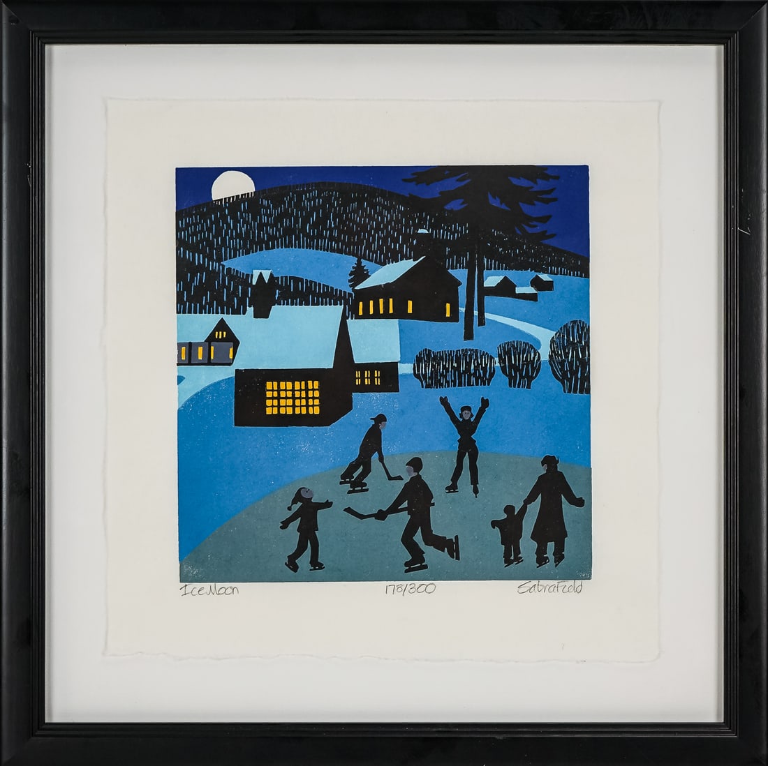Sabra Field (VT 1935-) Ice Moon: Sabra Field (Vermont 1935-) Ice Moon- Woodblock on paper signed, editioned and identified lower margin 178/300 sheet 12 x 12" 17 x 17" as framed.