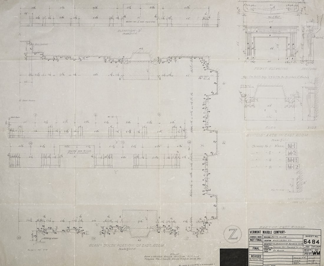 Vermont Marble Company 1951 White House Plans: Vermont Marble Company - Proctor VT - Plans for White House renovations including drawings of fixtures and fireplaces. Graphite on Paper, mounting holes, creases as issued. 30 x 37"