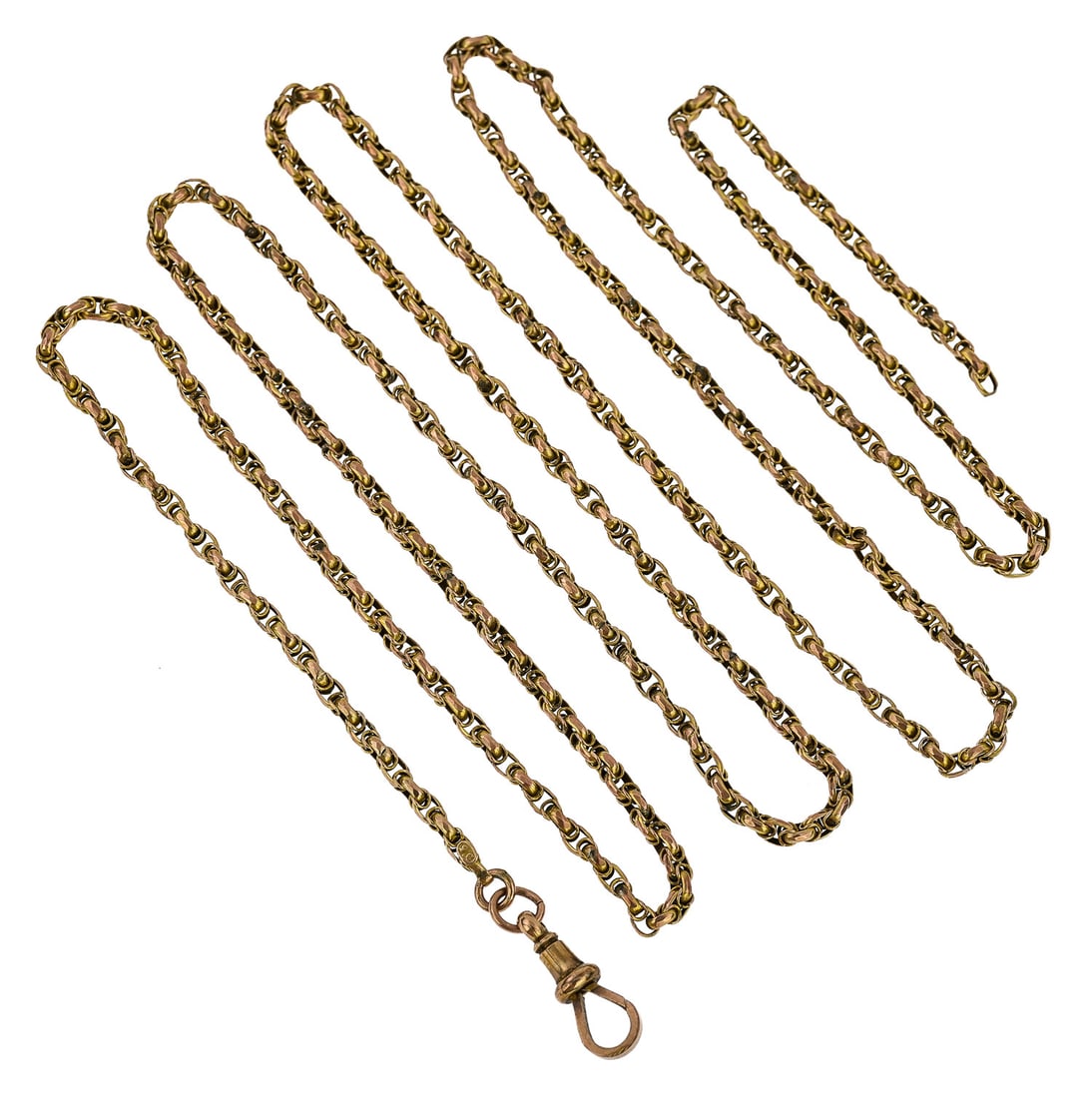 9 CT Pocket Watch Chain: Yellow gold Victorian pocket watch chain, marked 9.0, 13.9 grams t.w., 37" long.
