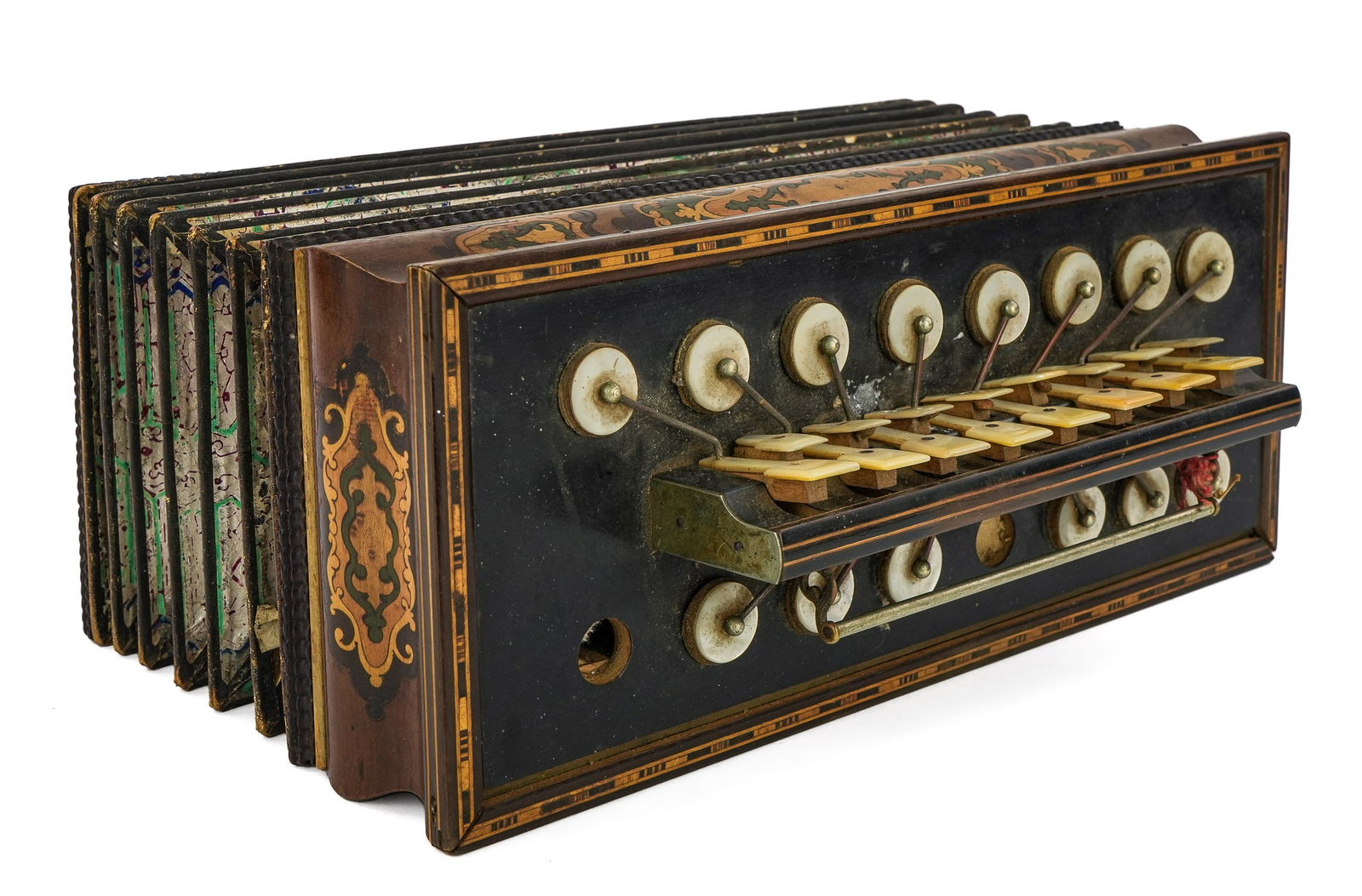 Antique 19th c German Inlaid Accordion: Antique 19th c German marquetry inlaid flutina (accordion), with ivory keys, hand made case, accordion 12 1/2" x 5"
