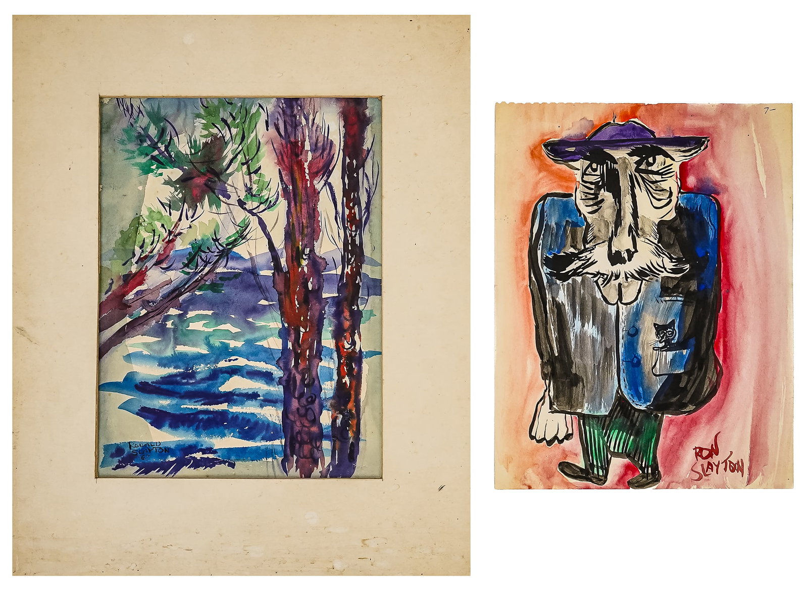 Ronald Slayton (VT 1910-1992) Two Watercolors: Ronald Slayton (Vermont 1910-1992) Two 9 x 11" watercolors by Ronald Slayton signed lower right and lower left, one of a gentleman with an animal in his pocket one of trees.