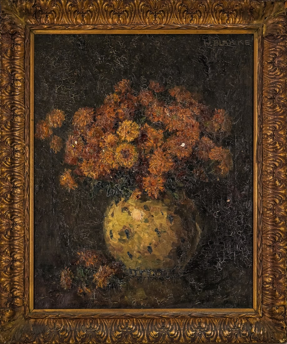 Wilhelm Blanke (DE 1873-1943) Still Life with Flowers: Wilhelm Blanke (German 1873-1943) Still Life with flowers, oil on canvas signed upper right. 24 x 19" 29 x 24" as framed. Craqueleur, minor losses.