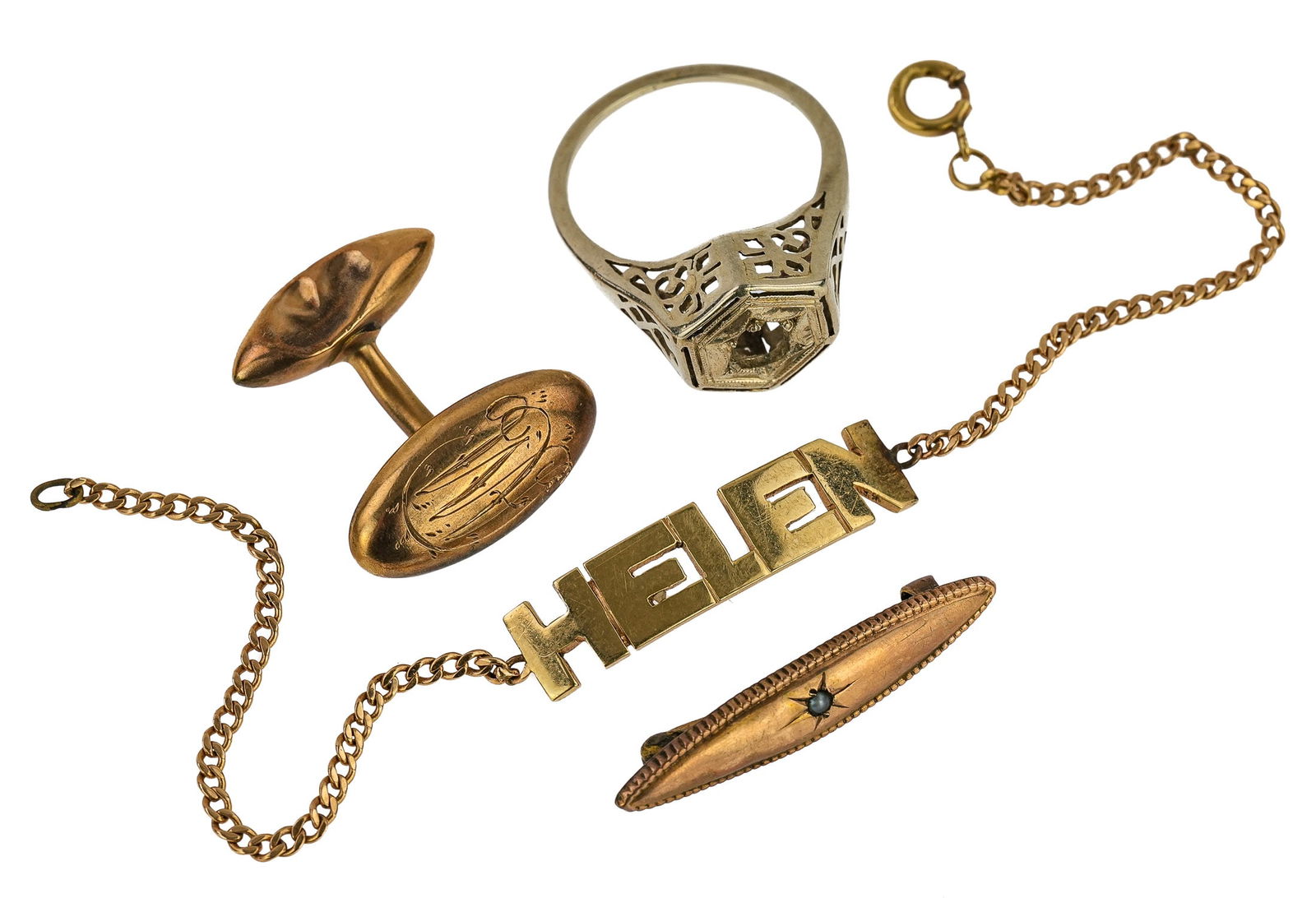 Gold Jewelry: A group of gold jewelry including a Art Deco 14k white gold ring frame, 14k yellow gold "HELEN" bracelet, 14k cuff link (1), and a 10k small pin. 7.4 grams t.w.