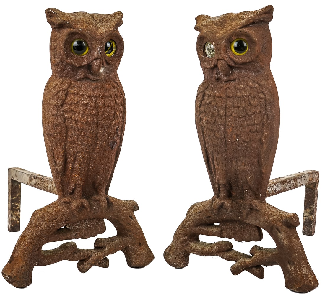 Cast Iron Owl Andirons with Glass Eyes: Cast iron owl andirons with glass eyes, surface rust, ht 14 1/2"
