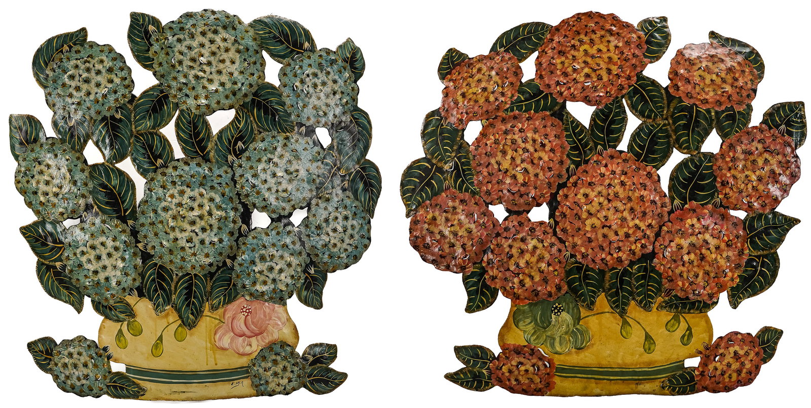 Pair of Cut Steel Floral Wall Hangings: Pair of Cut Steel Floral Wall Hangings and polychromed signed EMA 31 x 31"