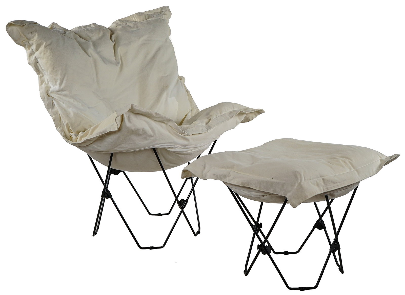 Linenfold Steel Butterfly Chair and Ottoman: Linenfold folding steel frame 'butterfly' chair and matching ottoman with cotton canvas upholstery 42" x 32"