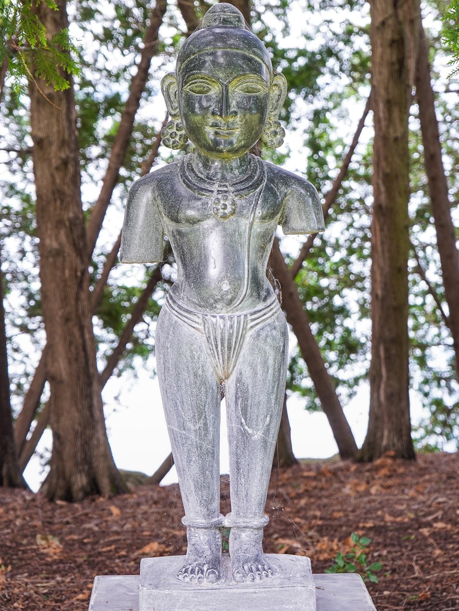 India Buddha: Carved India buddha in soapstone with fabricated steel base- Sculpture 42 x 16 x 8" on 18 x 20 x 20" steel base.