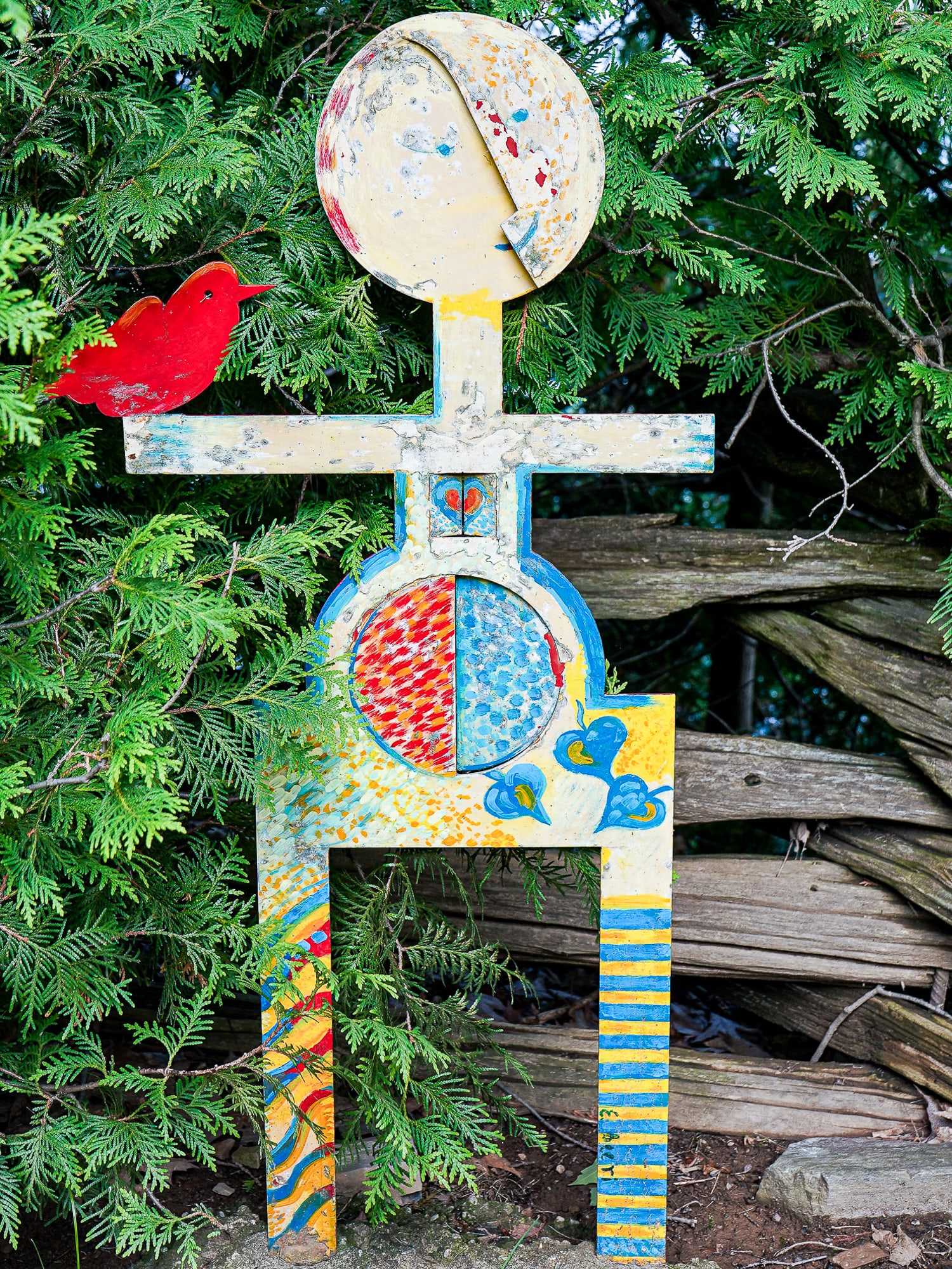 Etti Be'Eri (IS 20thc) Green Man: Etti Be'Eri (Israeli 20th c) Green man cut steel sculpture with polychrome signed on one leg, sculpture 39 x 20" with concrete anchor