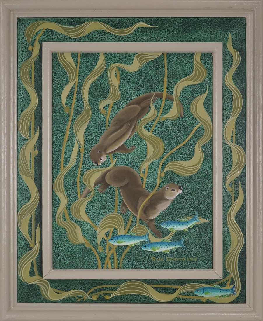 Ruth Schindler (AM contemporary) Otters: Ruth Schindler (American Contemporary) Otters oil on canvas signed lower right 16 x 12" 24 x 19" as framed.