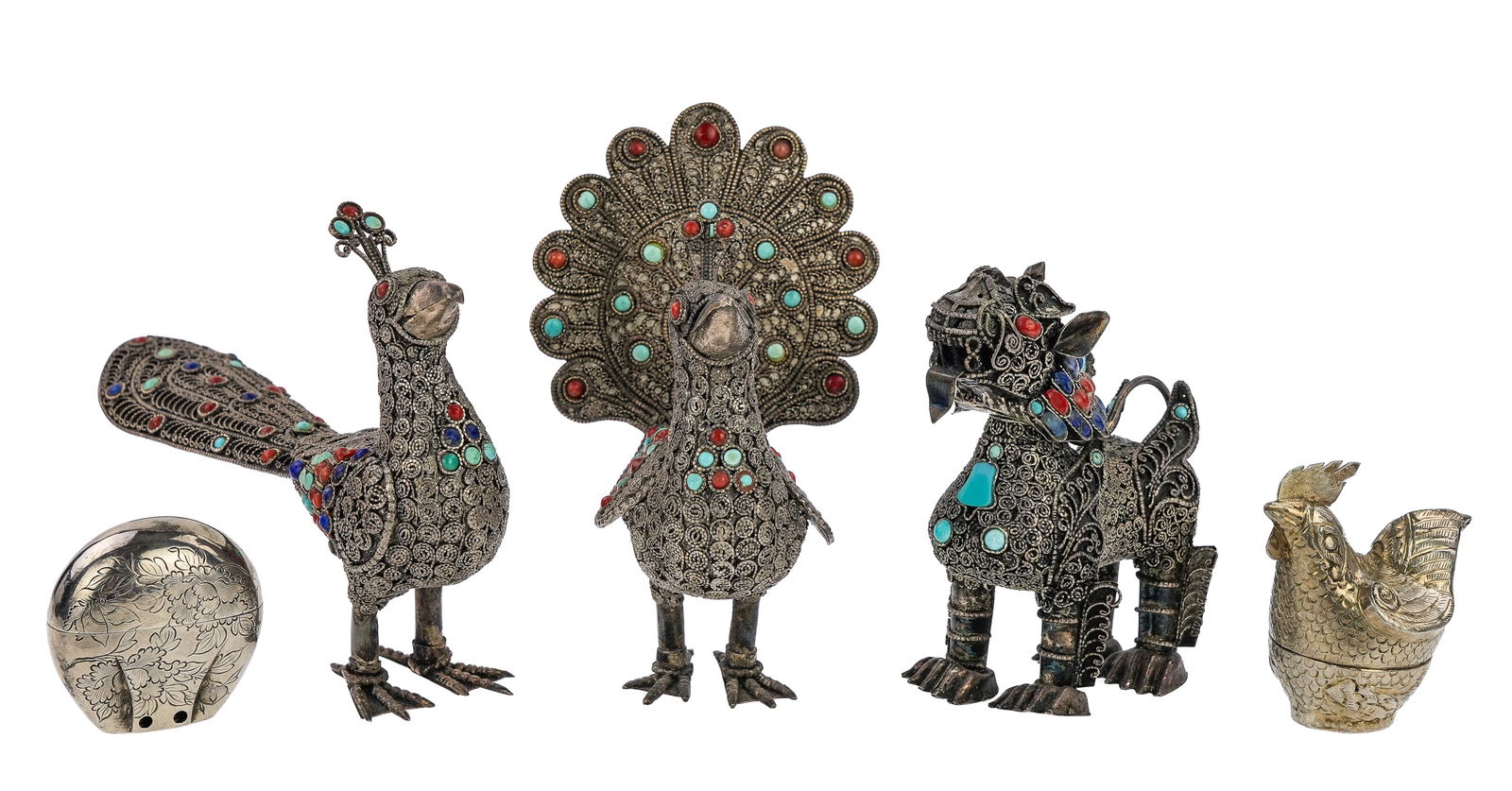 Asian Silver Animal Figures and Small Boxes: Group of 4 small Asian silver items including wirework filigree bird and dog figures, a Japanese Meijii period Inro box, and a small rooster betel nut or pill box 1.5"-4.5"