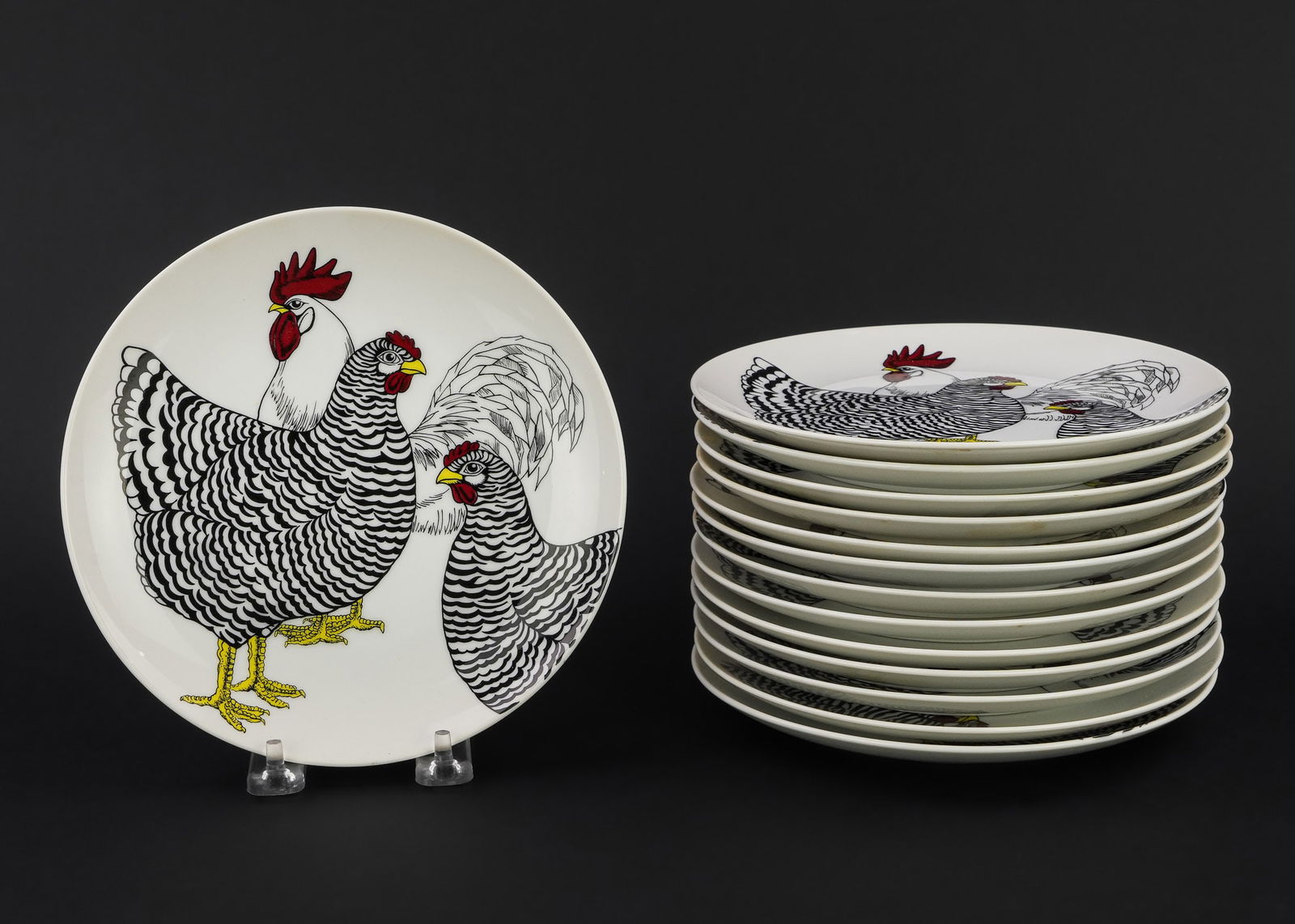 14 Fitz and Floyd Coq du Village Luncheon Plates: Set of 14 late 20th c. Fitz and Floyd "Coq au Village"poultry decorated porcelain luncheon plates dia. 7.5"