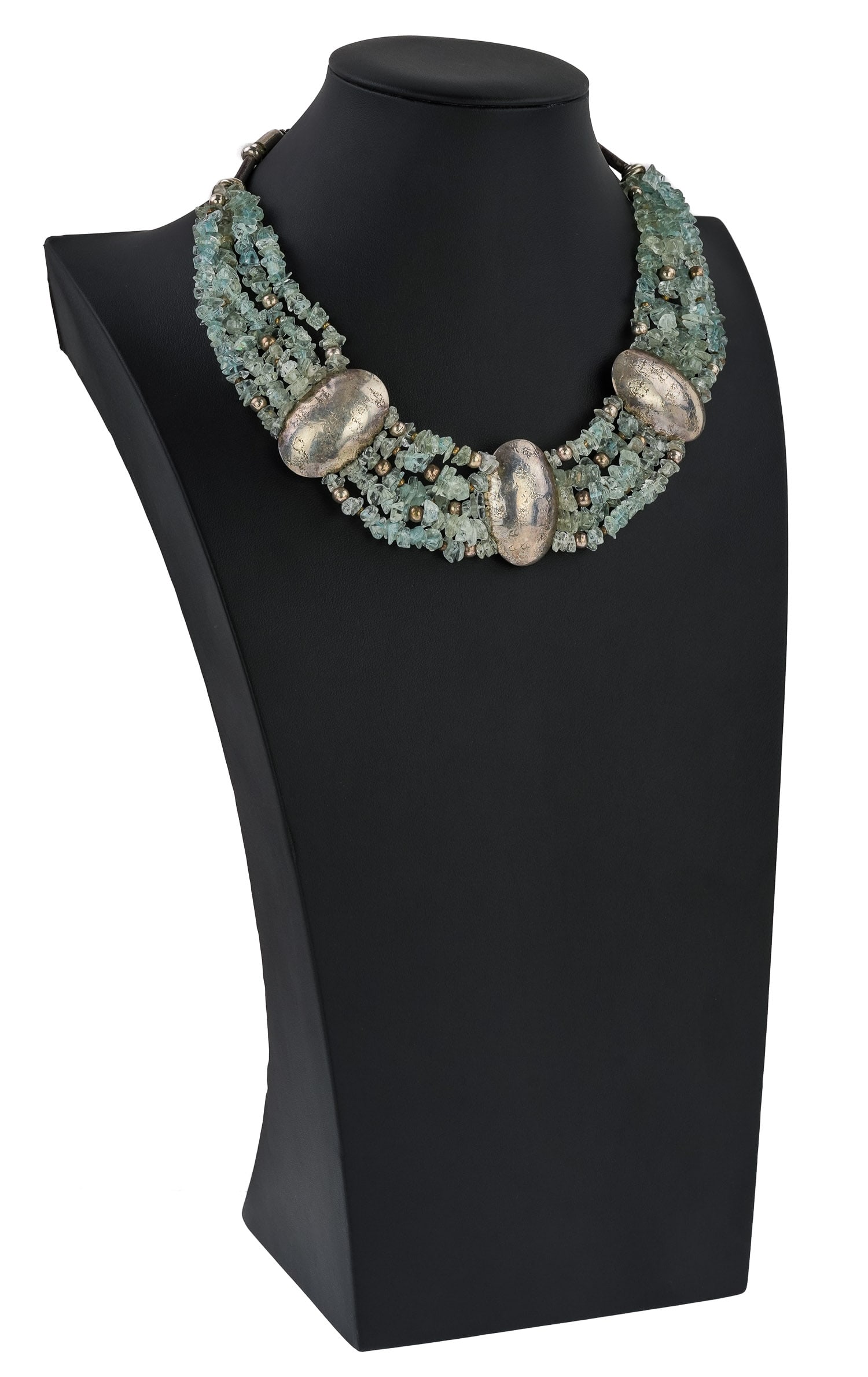 Modern Silver & Aquamarine Necklace: Modern sterling necklace with 3 oval sterling 1 1/2" long panels separated by 5 strands of sterling beads and raw aquamarine. Choker size. 16" long.