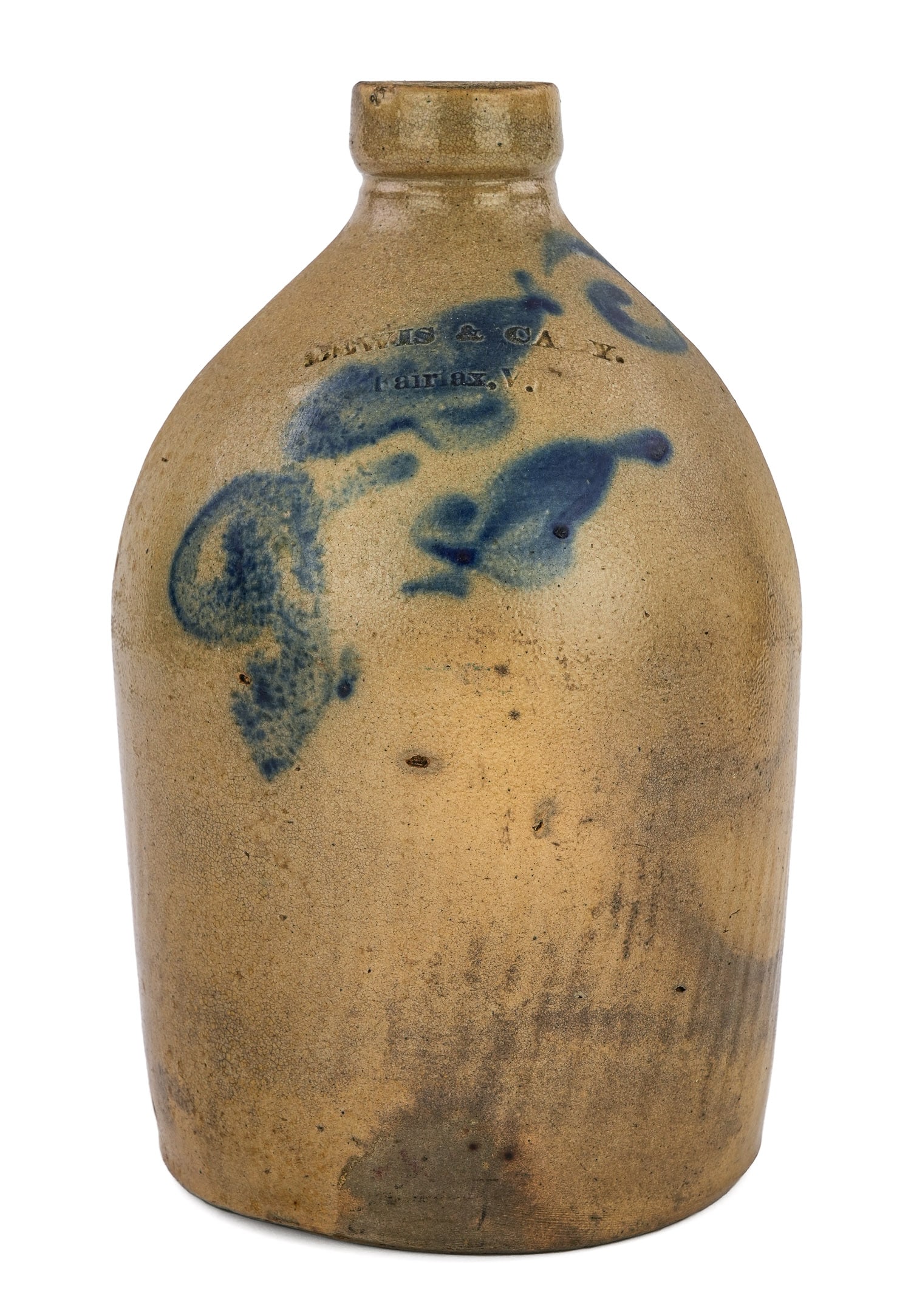 Lewis & Cady, Fairfax, VT Stoneware Jug: Lewis & Cady, Fairfax, VT blue decorated 1 gallon stoneware jug, crack in handle, ht 11 1/2"