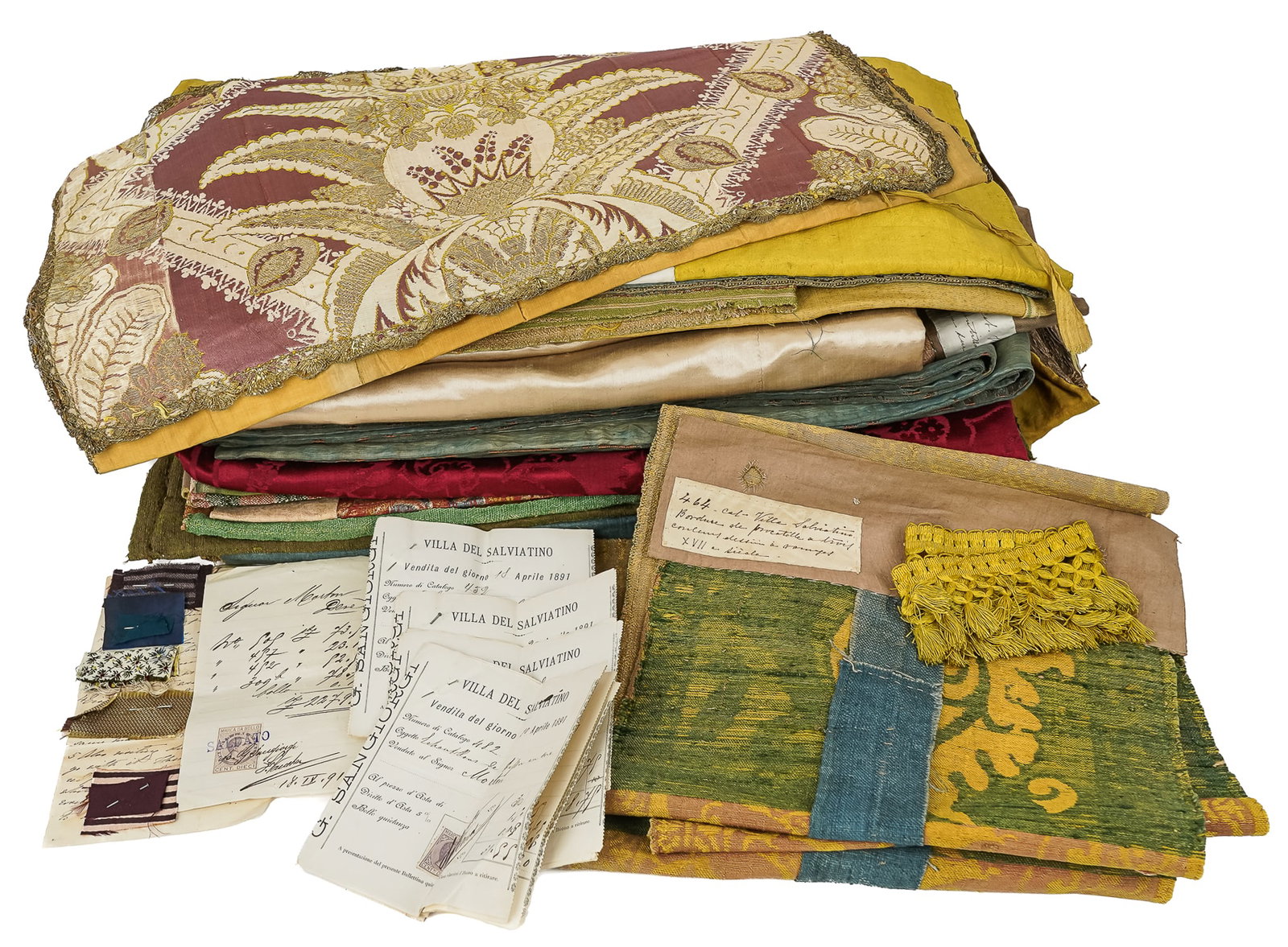 Rare 18th c Florentine Fabrics: Rare 18th c Florentine silk fabrics brought back in 1891 by the Ames and Whistler family, bought from the Villa Del Salviatino in Florence, with original bills of sale, fabric descriptions in Italian,