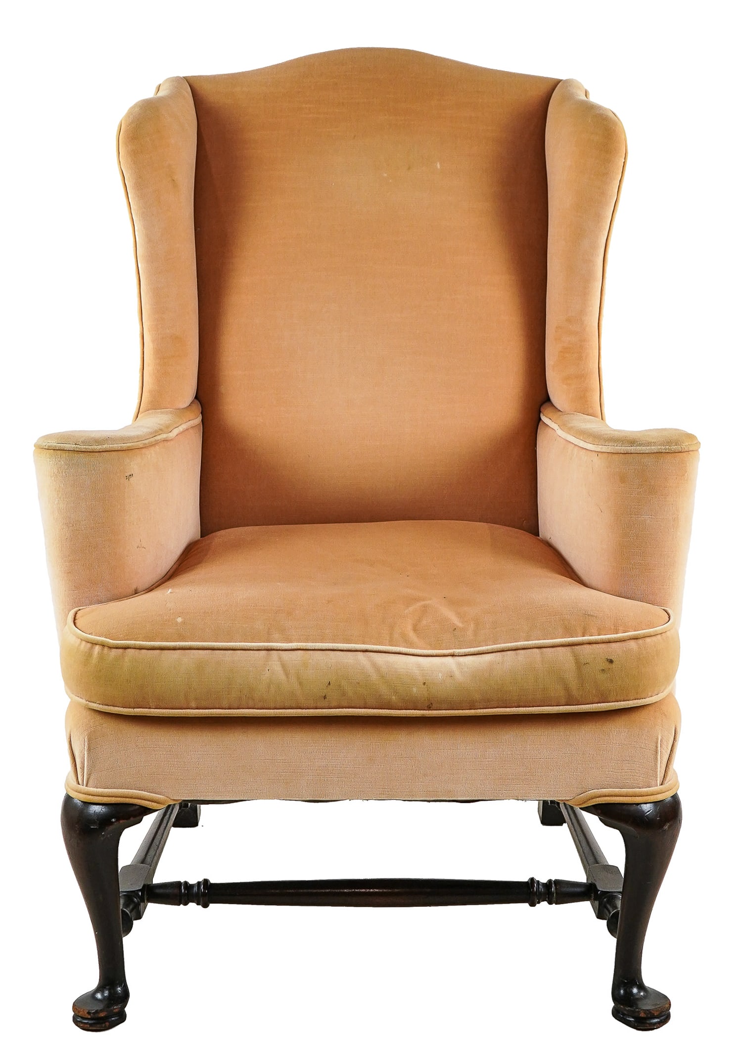 Custom Queen Anne style wing chair: Custom Queen Anne Style wing chair in peach mohair upholstery 38 x 26 x 32" 19" to seat.