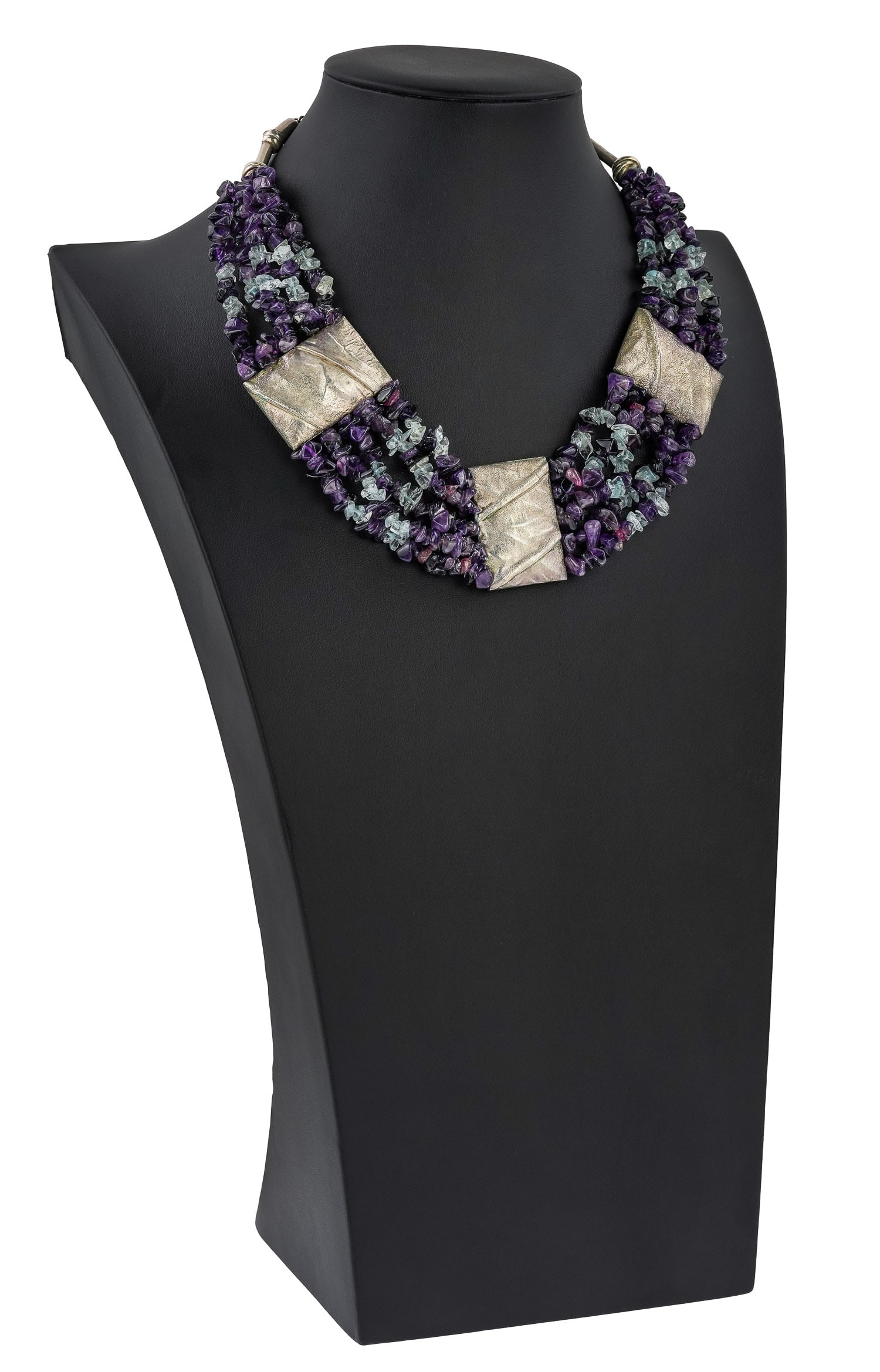 Amethyst, Aquamarine, & Sterling Collar: Modern collar or choker necklace with 3 rectangular textured sterling panels connected by 5 strands of raw amethyst and aquamarines. Approx 18" long including chain section.