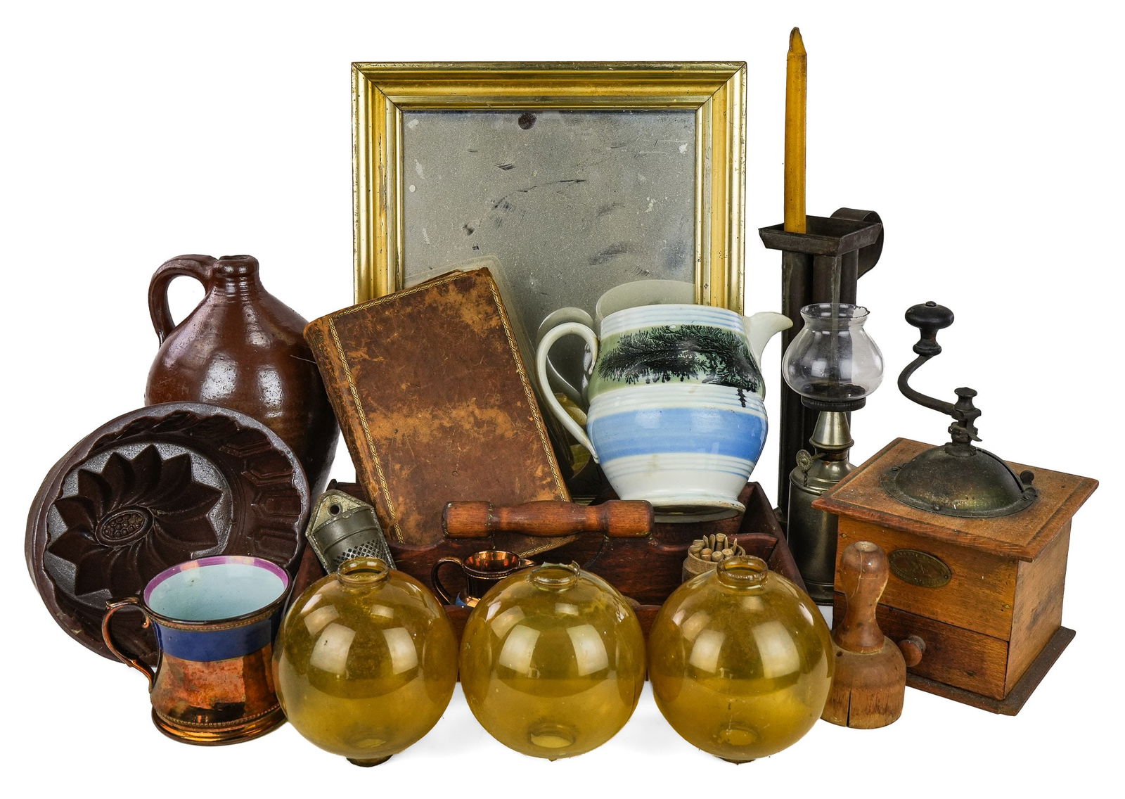 19th c Primitives, Kitchenware: 19th c primitives, kitchenware, including ovoid jug, coffee mill, lemon gold frame, etc