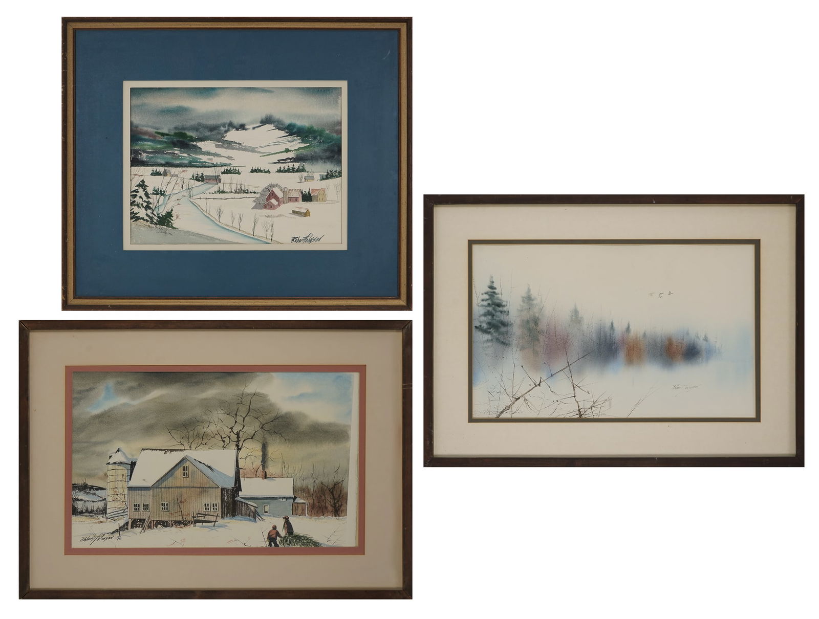 Three Robert Johnson Watercolors: Three Robert Johnson (American 20th c) Three landscapes including winter scene with farm 22 x 26" as framed two other landscapes all signed 20 x 28" as framed.