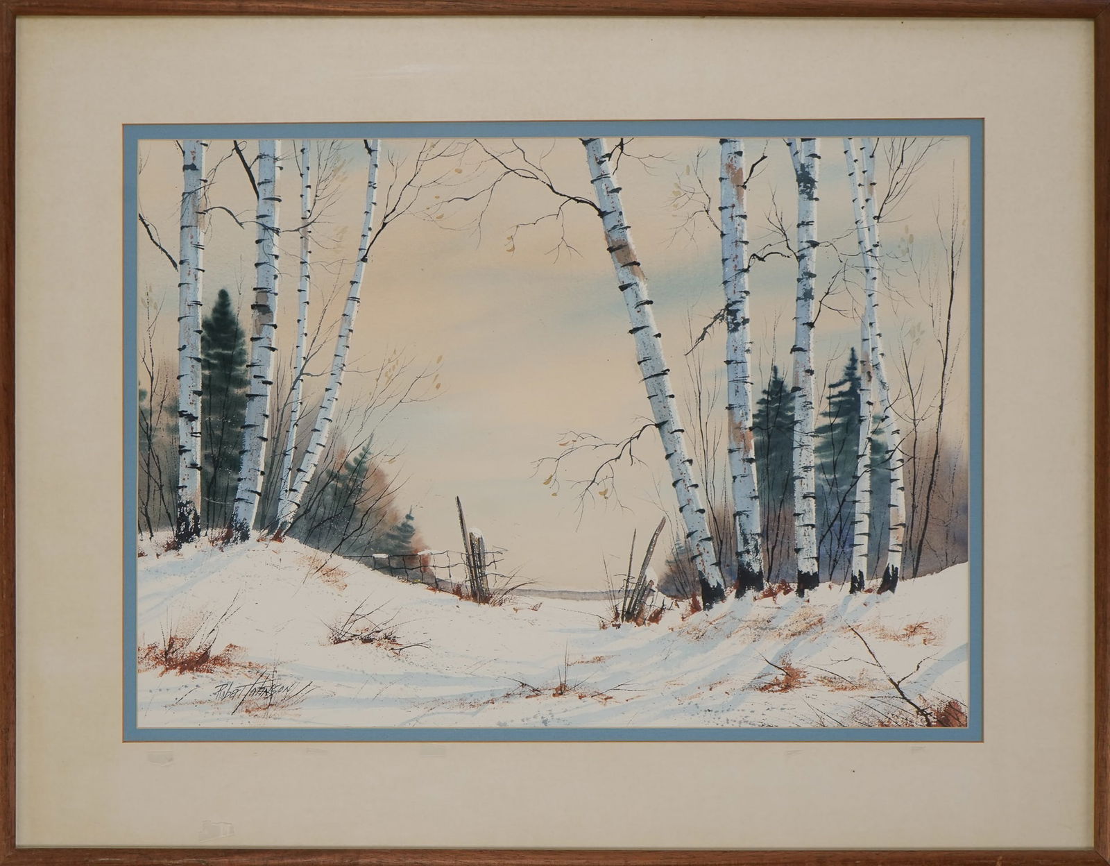Robert Johnson watercolor with birches: Robert Johnson watercolor with birches signed lower right 29 x 37" as framed