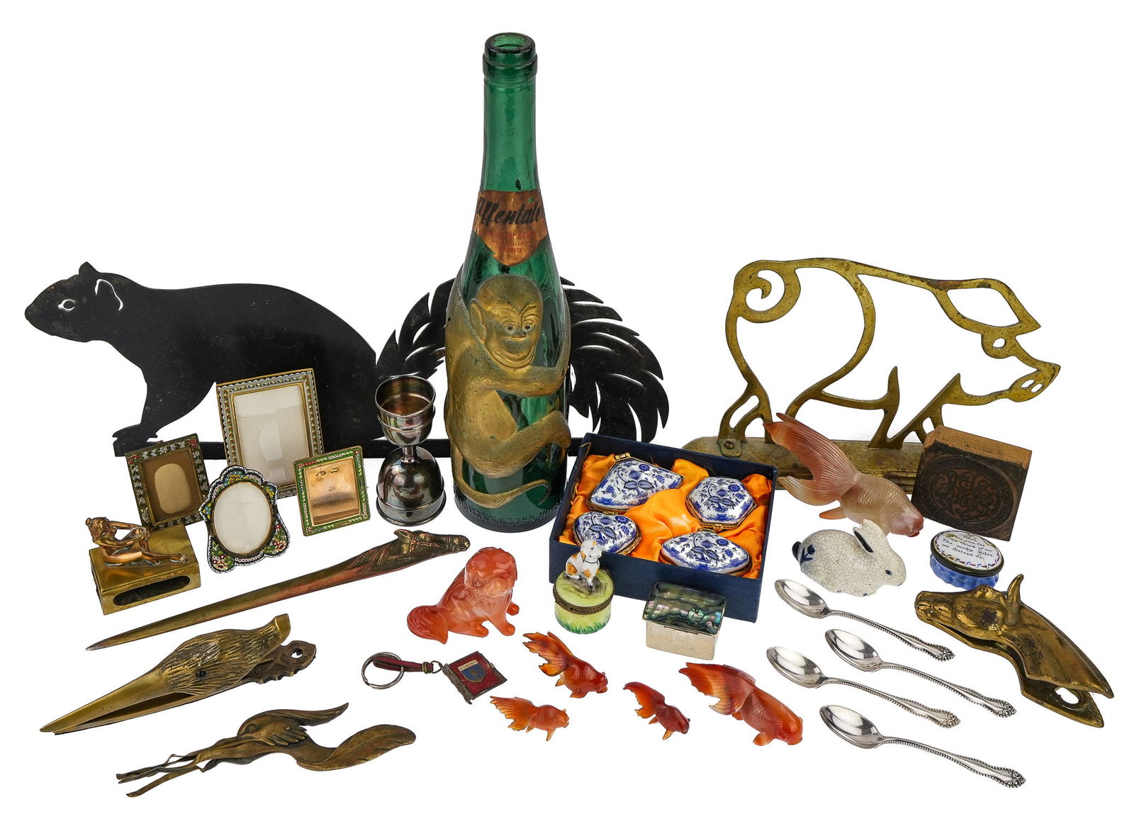 Animal Figures, Pill Boxes, Small Accessories: Lot of small accessories including Rochard Limoges porcelain dog pill box, 19th c. Battersea enamel pill box (enamel crazed), other pill boxes, 4 Italian micro mosaic frames, brass horse and duck lett