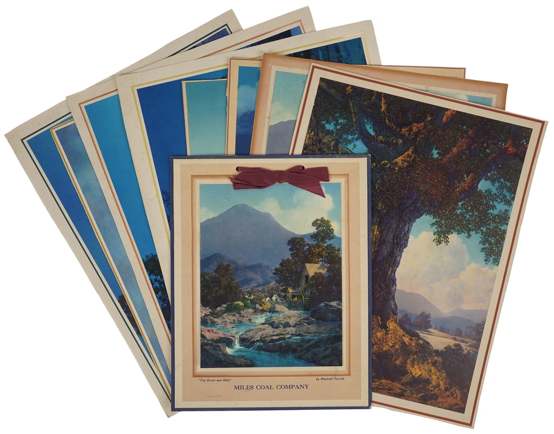 9 Maxfield Parrish NOS Landscape Prints: Group of 9 Maxfield Parrish (1870-1906) new old stock Brown and Bigelow calendar head prints of New England landscapes including Connecticut River Cornish Colony views, most prints have been trimmed f