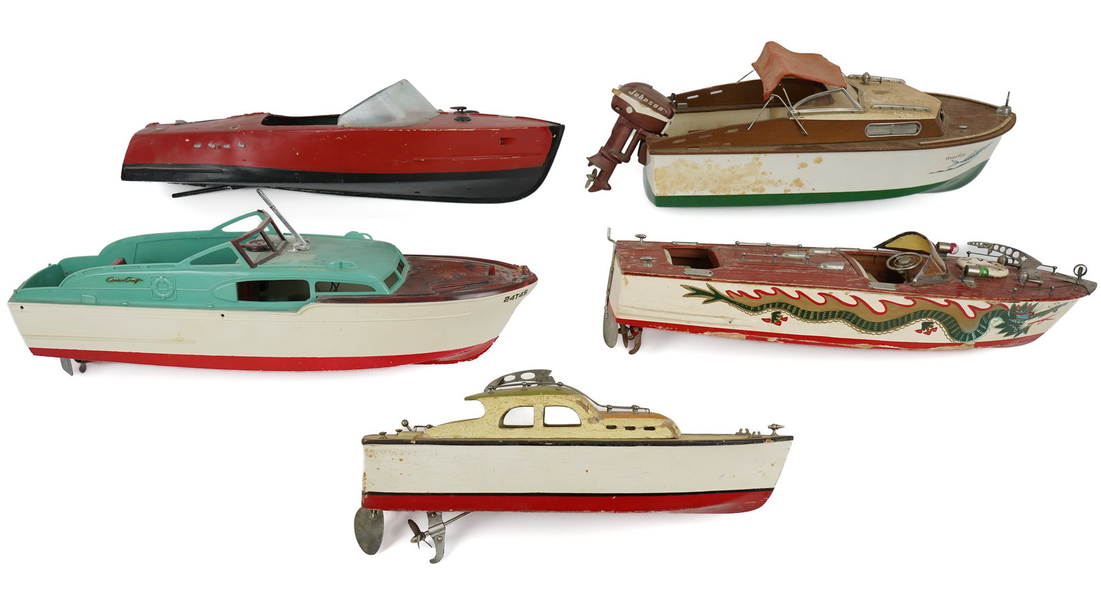 Vintage Plastic Speedboats: Vintage 1950's, 1960's battery operated, gas powered speedboats (5 pcs), varying conditions, lengths 13" to 18"