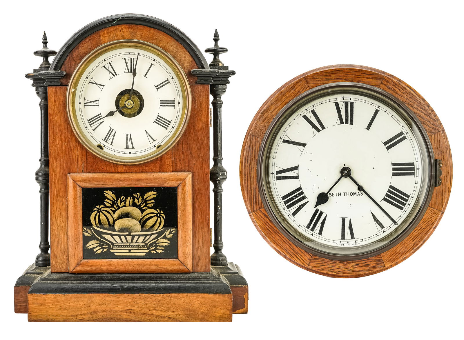 Seth Thomas Gallery Clock and Walnut Shelf Clock: Two antique Seth Thomas clocks including ca. 1900 round oak framed gallery wall clock, and a ca. 1870 walnut shelf clock with ebonized elements and reverse painted glass panel dia. 16", 13" x 16"