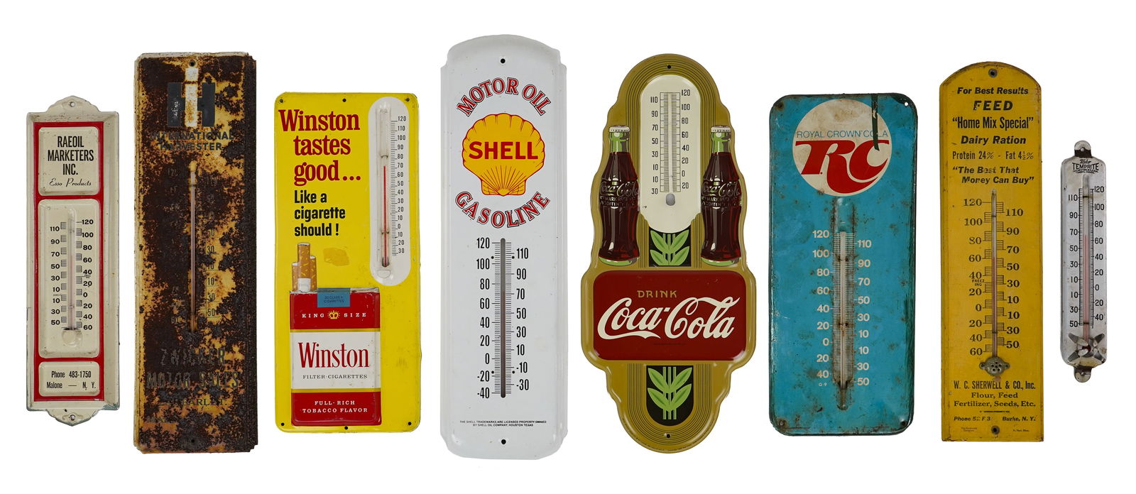 8 Small Advertising Thermometers: 8 Small Advertising Thermometers- WInston Tastes Good 13 x 6", RC Cola 13 x 6", WC Sherwell Burke NY Fertilizer wood litho 15 x 4", International Harvester as found 16 x 5" Temprite Enamel 9.5 x 2", R