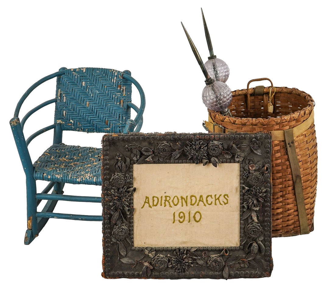 Lot including Pack Basket, Child's Chair, 1910 Leather frame (1 of 5)