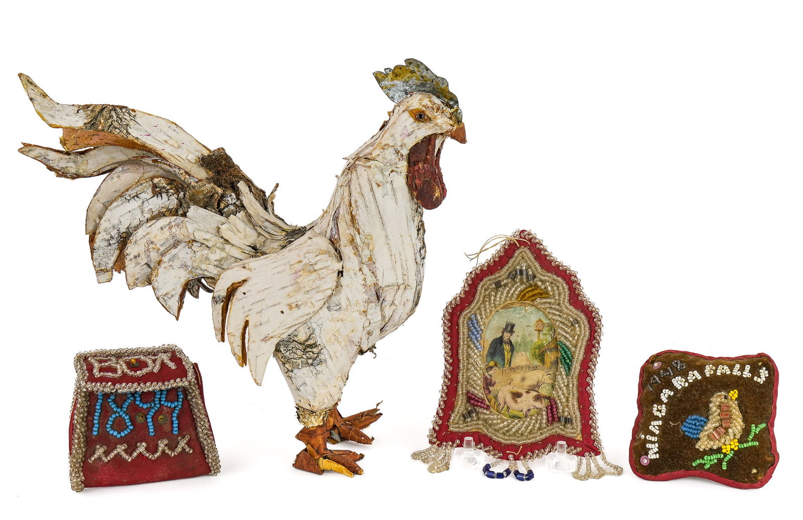 Three circa 1900 Indigenous beaded items, and unrelated folk art rooster (1 of 4)
