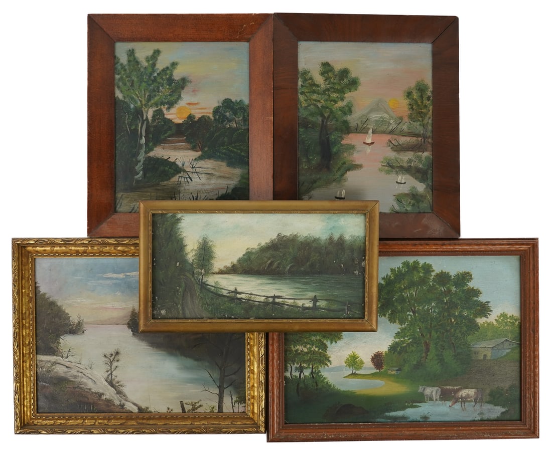 5 Primitive 19th c Landscape Paintings (1 of 11)