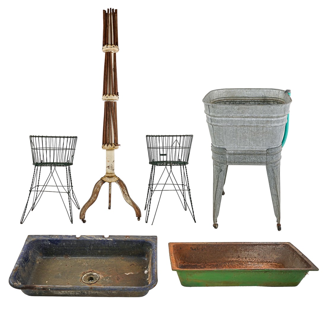 Lot including- Two Steel sinks, 19th c rack, two baskets etc. (1 of 8)