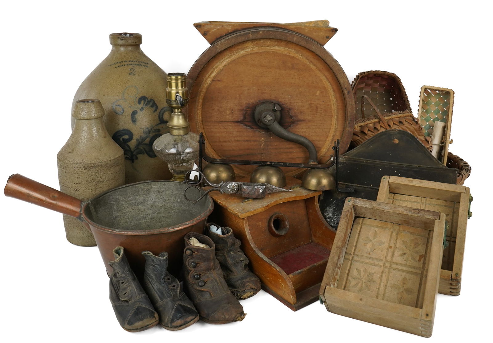 Burlington Jug, Butter Churn, Country Smalls: Group of country smalls and primitives including Nichols and Boynton Burlington, VT cobalt blue decorated stoneware jug, stoneware bottle, wooden crank butter churn, Native American splint baskets, wh