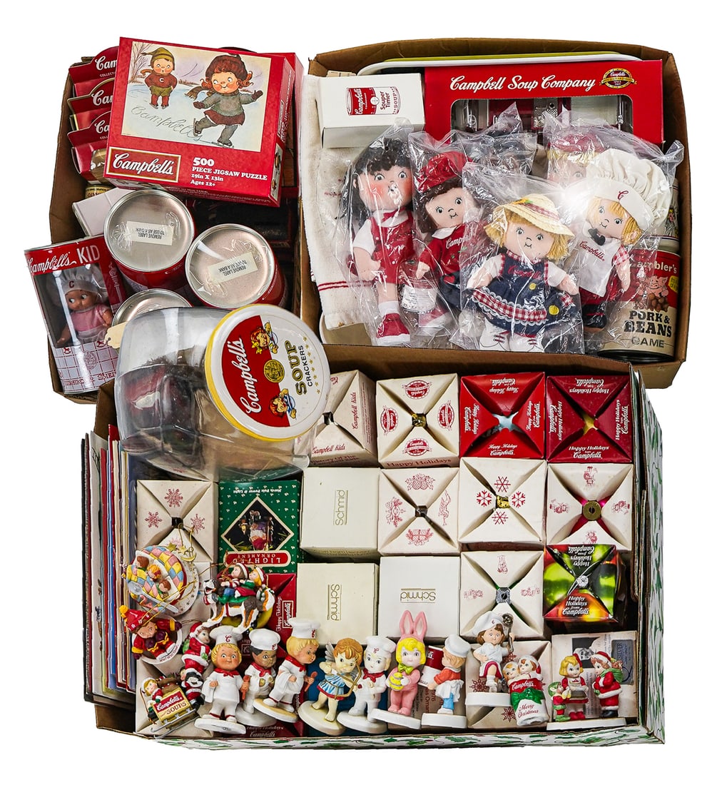 Collection of Campbell's Soup Kids Collectibles: Large collection of late 20th c. Campbell's Soup collectibles including Campbell's Soup Kids novelties, Christmas ornaments, trays, dolls, towels, trivets, coasters and other promotional advertising m