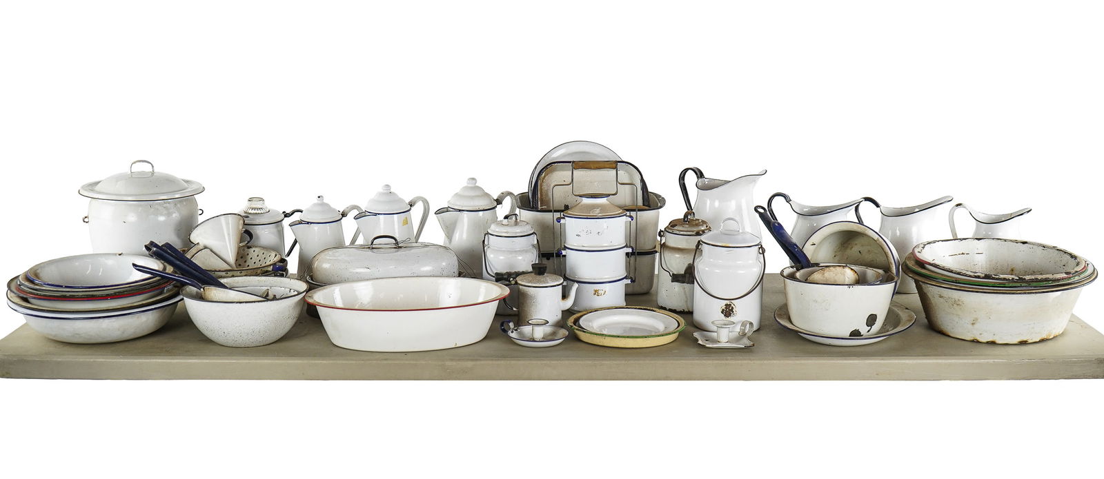 Large Collection of White Pinstriped Enamelware (1 of 6)