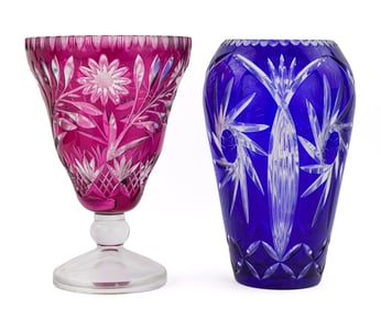 Cranberry and Cobalt Cut To Clear Crystal Vases