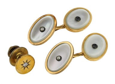 14k Cufflinks & Diamond Tie Pin