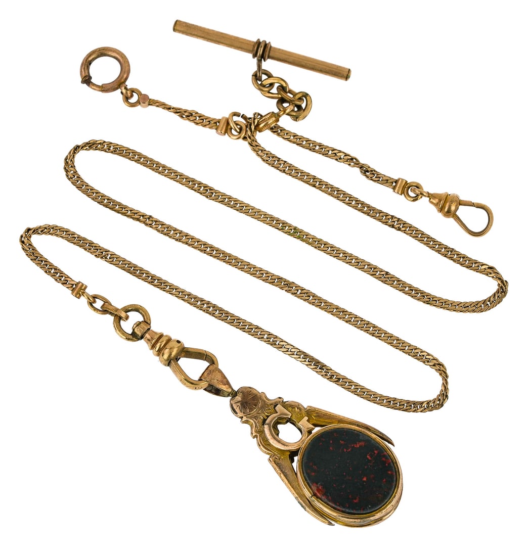 Gold Watch Chain & Masonic Fob: 10k and gold filled watch chain and bar with a yellow gold Masonic watch fob with oval hardstone panels. Fob 1 1/2" long. Approx. 15" long chain.