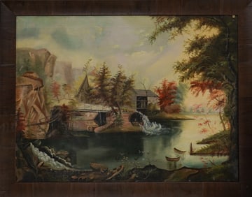 19th c Naive Landscape with fantastic