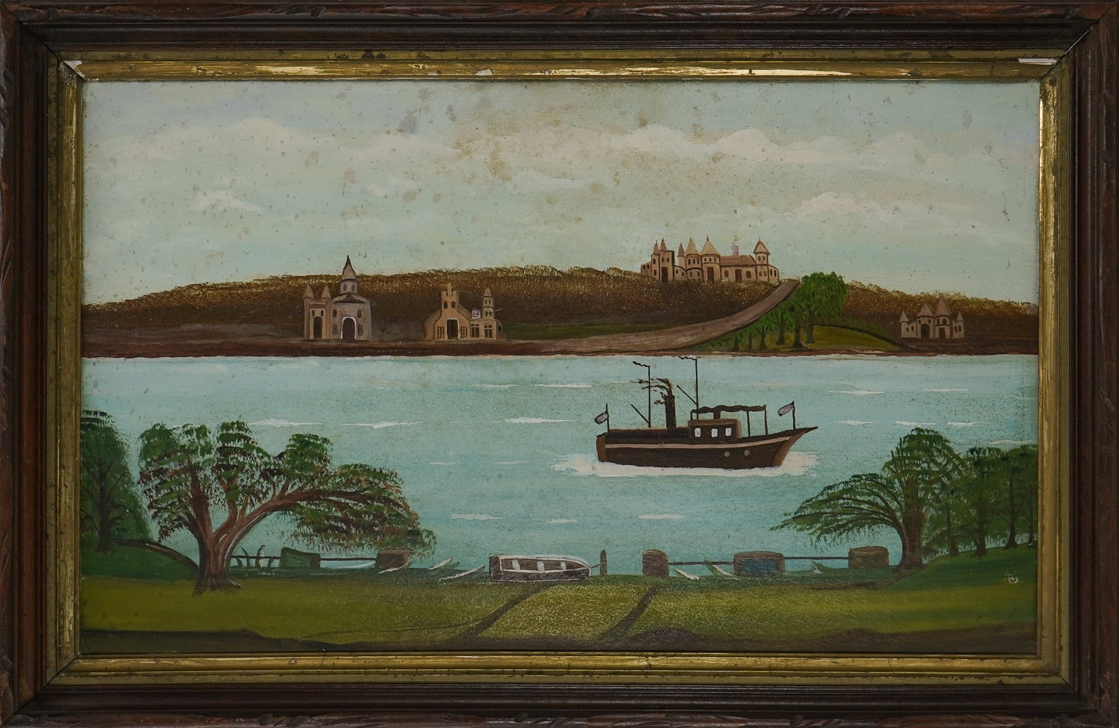 Primitive riverboat scene on board: Early 20th c oil on board of a riverboat on board 18 x 30" 22 x 34"