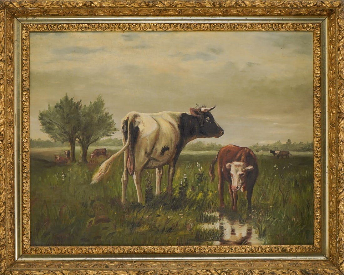 19thc Primitive Pastoral with cows: 19th c Primitive Pastoral with cows oil on canvas unsigned 16 x 21" 20 x 25" as framed.