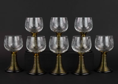 Set of 8 German Etched Roehmer Wine Goblets