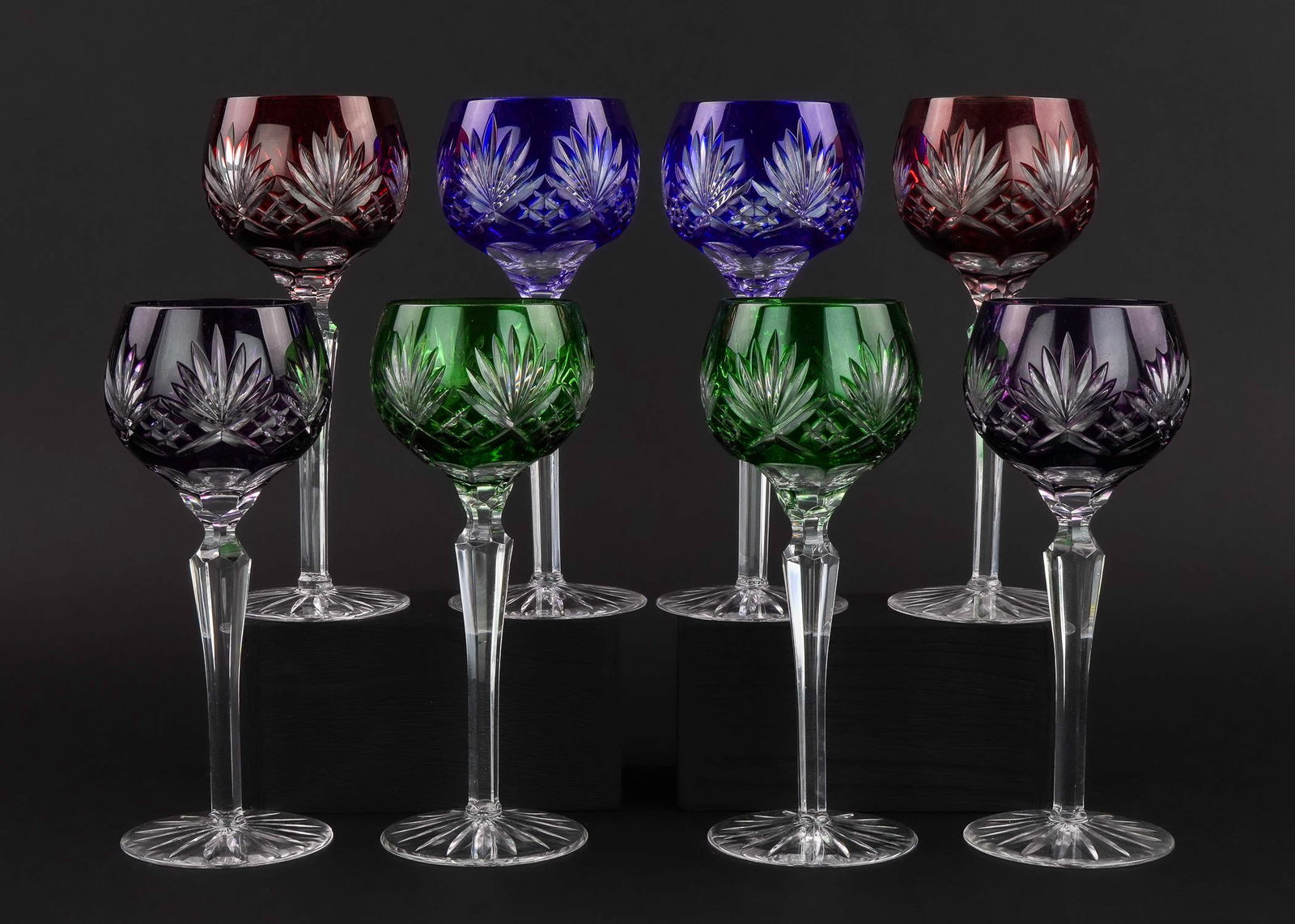 Set of 8 Crystal Cut To Clear Wine Goblets: Set of 8 Bohemian cut to clear crystal stemmed goblets in cobalt, emerald, ruby and amethyst 8.5"-3.5"