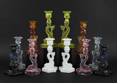 12 Dolphin Stem Multicolored Glass Candlesticks