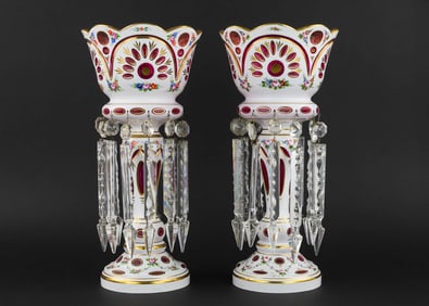 Pair of Cranberry Cut To Clear Mantel Lusters