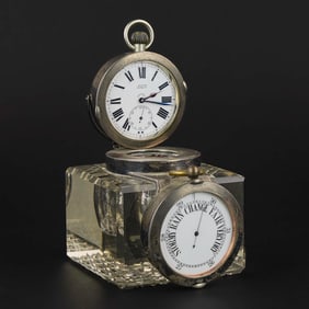 English Silver Combination Desk Clock, Barometer, Inkwell