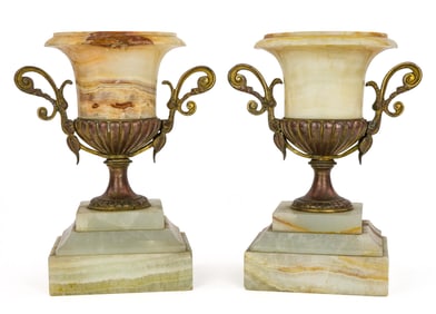 Victorian Onyx & Gilt Brass Garniture Urns